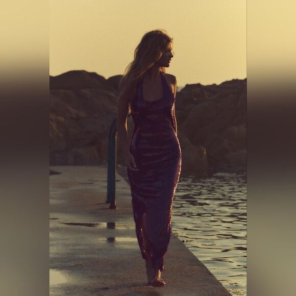 NWT ZARA SEQUIN HALTER DRESS burgundy - Picture 5 of 16